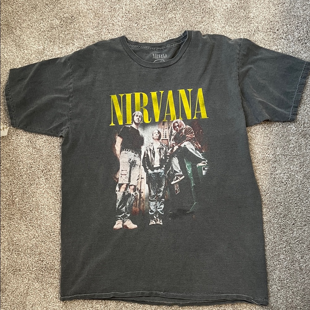 NIRVANA Black Tee with Yellow Logo and Band Photo